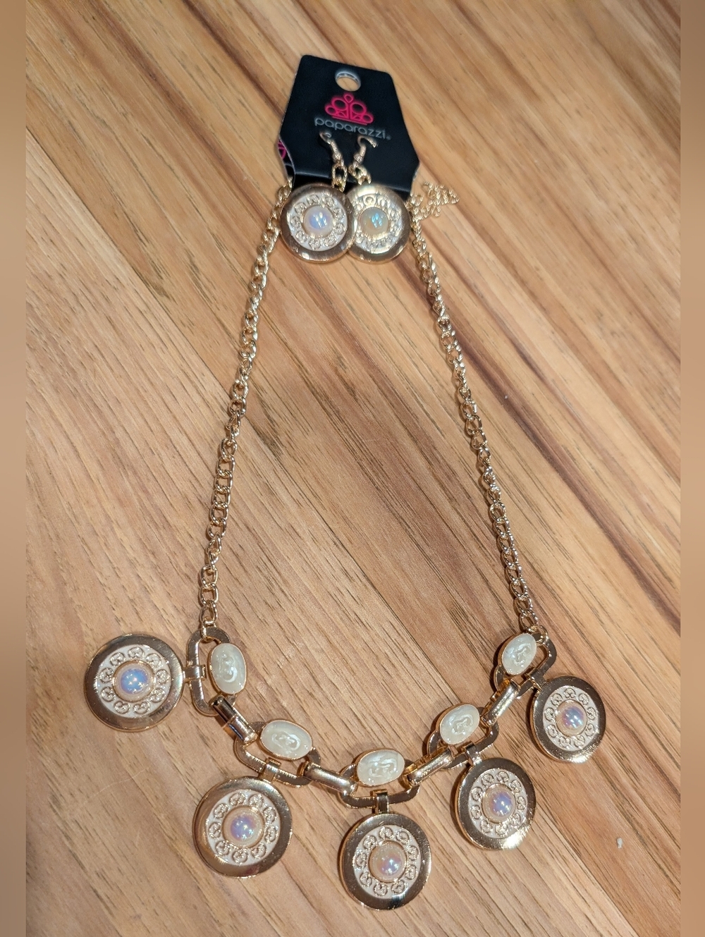 paparazzi Gold and Opalescent Coin Drop Necklace with Earrings